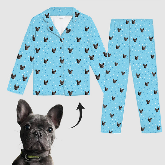 Himmelsblå tassar pyjamas-set – Skräddarsydd husdjursdesign (för vuxna & barn)