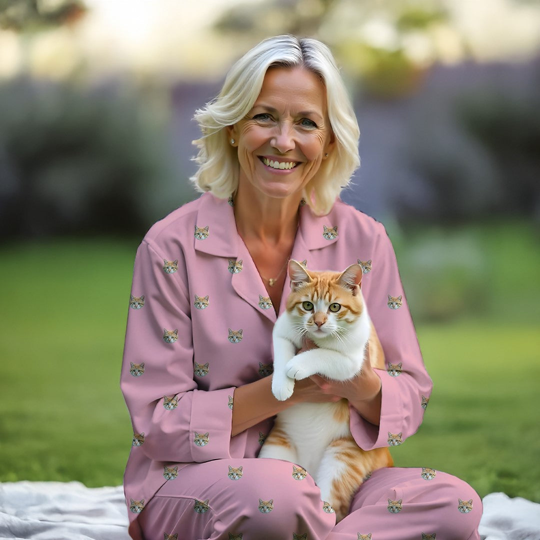 Kvinna som bär ett skräddarsytt rosa husdjurs-pyjamas-set med kattansiktsdesign, håller en orange tabbykatt utomhus