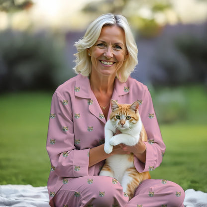 Kvinna som bär ett skräddarsytt rosa husdjurs-pyjamas-set med kattansiktsdesign, håller en orange tabbykatt utomhus