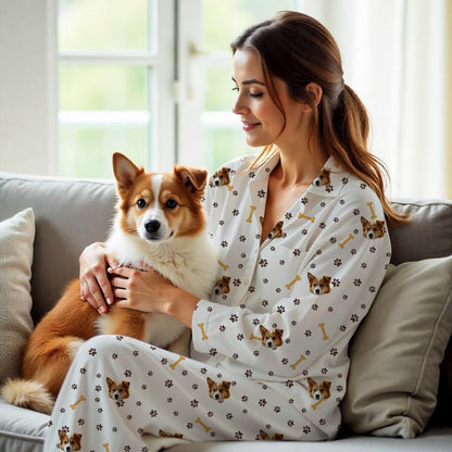 Kvinna som bär ett vitt skräddarsytt husdjurs-pyjamas-set med hundansikte, tassavtryck och benmotiv, håller en brun och vit hund på soffan