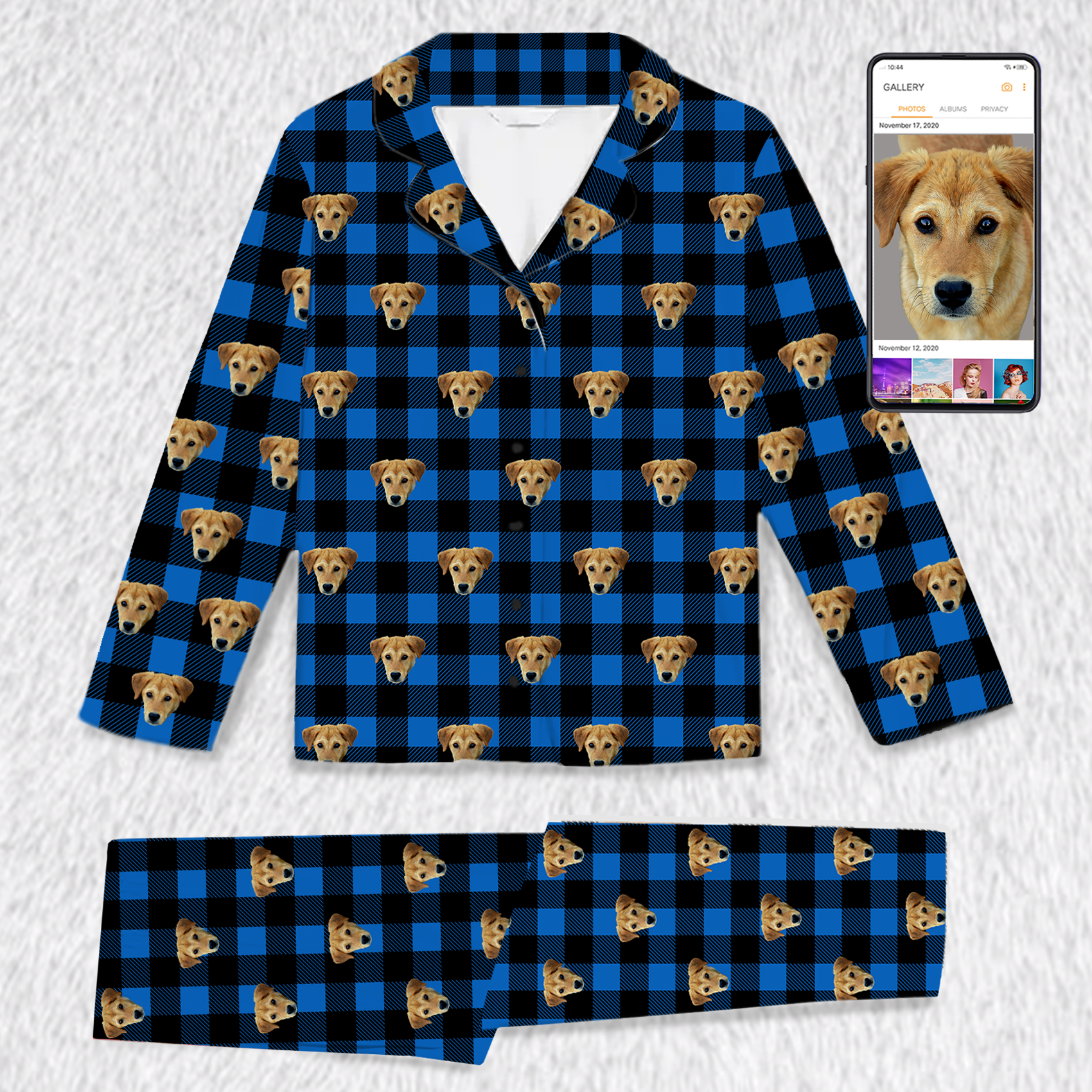 Blårutigt pyjamas-set – Skräddarsydd husdjursdesign (för vuxna & barn)